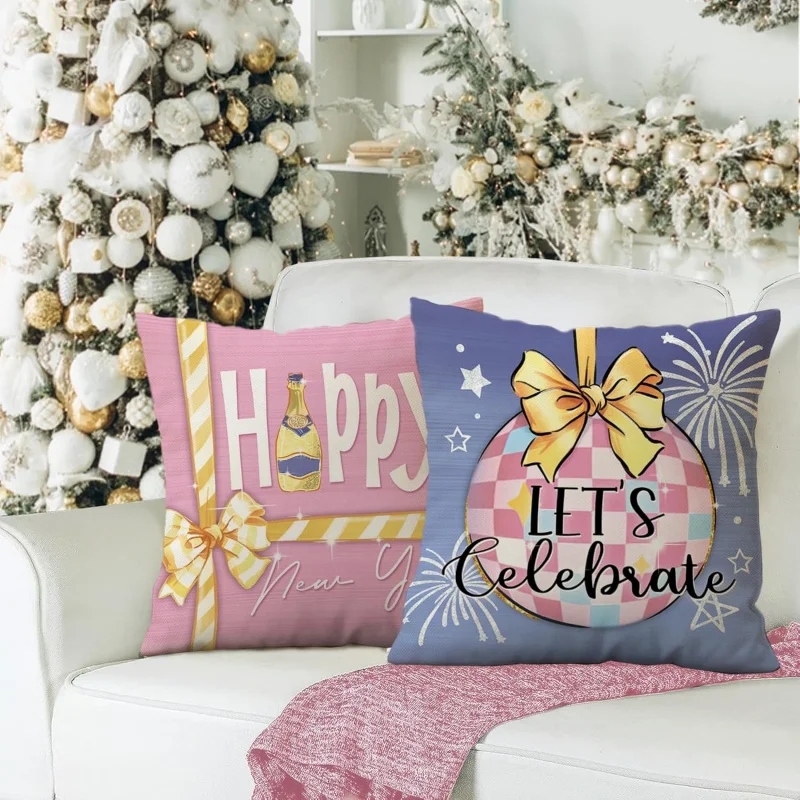 2025 New Year decoration pillow set 20inx20in4-piece pink champagne porch outdoor pillowcase