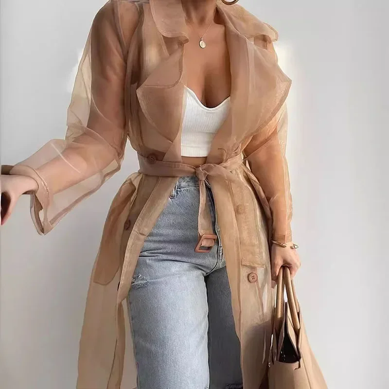 Summer Women's Tulle Long-sleeved Cardigan Coat Fashion Solid Color Lapel Light Breathable Sunscreen Long Trench Coat with Belt