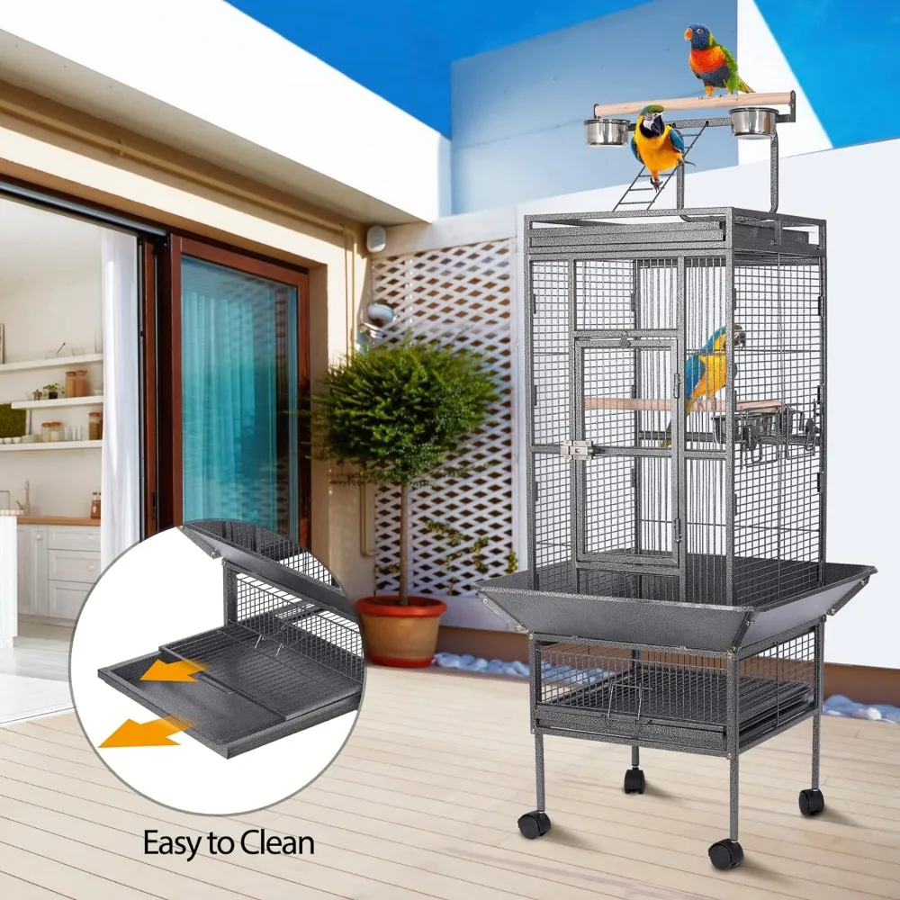 63 Inch Wrought Iron Large Bird Flight Cage with Rolling Stand for African Grey Parrot Cockatiel Sun Parakeet  Lovebird Canary