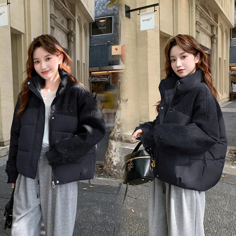 Short Coats Parkas Women Stand Collar Zipper Jackets Sequins Thick Warm Y2k Streetwear Elegant Jacket Work Autumn Winter 2025