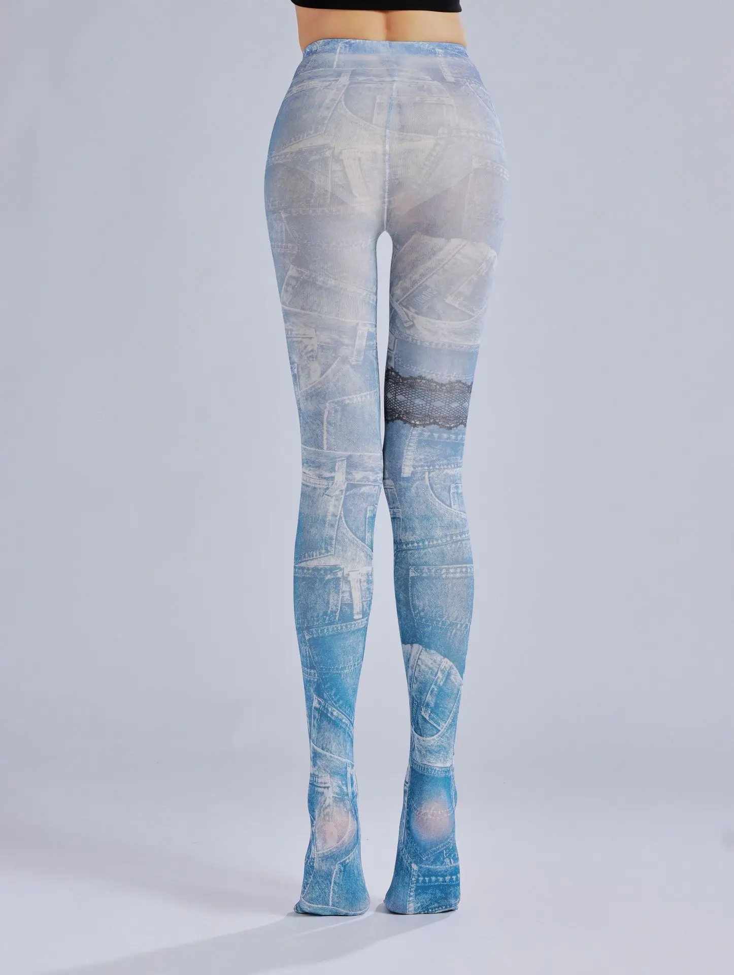 Fashion Personality Attraction Imitation Jeans Pattern Print Pantyhose Punk Light Blue Hottie Sexy Trend Drawing Tights