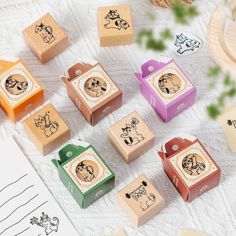 Retro Kawaii Wooden Rubber Stamps Cute Cartoon Little Black Cat DIY Decoration Stamp Creative Diary Hand Account Seal Gifts