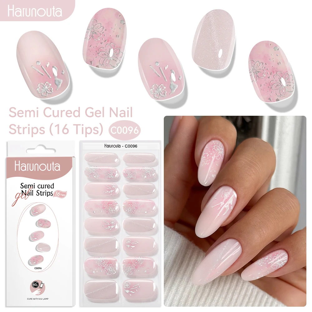 Harunouta 16 Streifen, Farbverlauf, roter Marmor, Goldlinie, halbgehärtete Gel-Nagelstreifen, DIY-Gel-Nagellack-Aufkleber für Nägel, Arbeit mit UV/LED