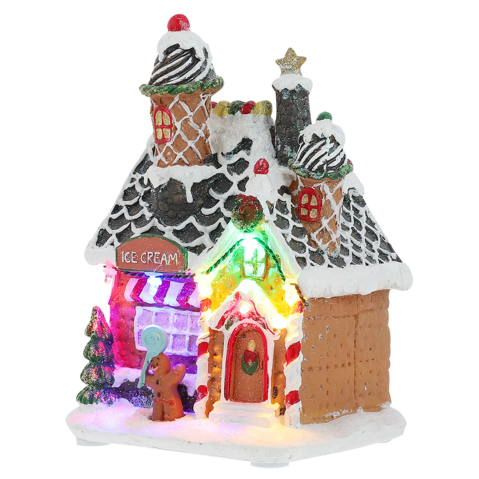 1pc Luminous Gingerbread House Christmas Decor Resin Snow House Led Lighted Xmas Ornament Desktop Glowing Display Party Home