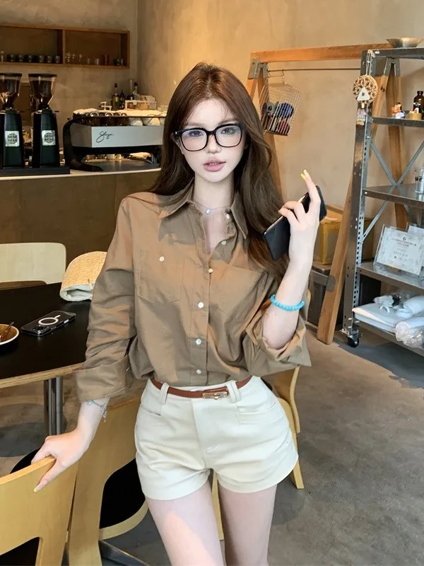 

Retro Collar Shirt And High Waist Shorts Women's Fashion Set Summer 2026 Chic Design Two-Piece Suit Long Sleeve Anti-Wri...