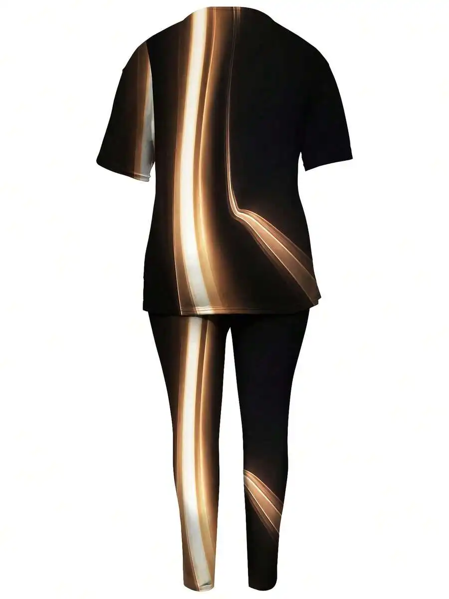 

Plus Size Women 2 Piece Short Sleeve T Shirt And Pants Set With 3D Full Width Print Casual Home Leisure Wear