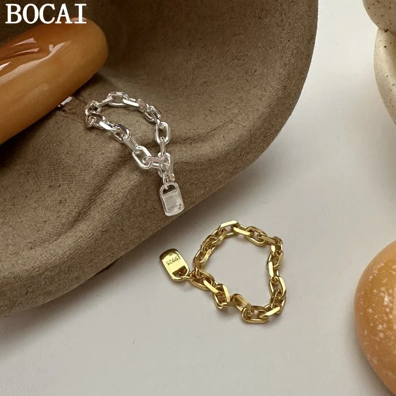 

BOCAI NEW S925 Sterling Silver Vintage Fashion Chain Ring Foldable