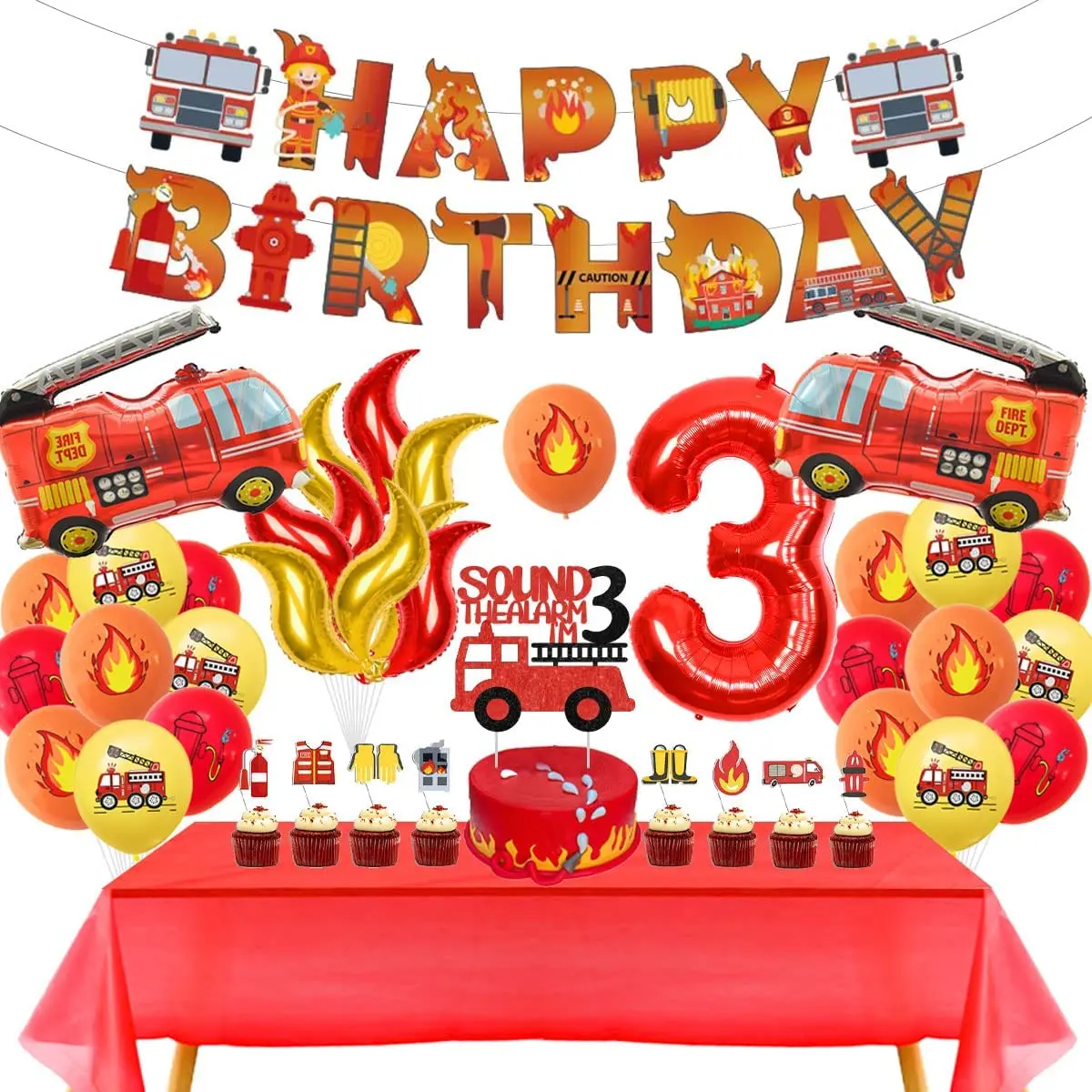 

Funmemoir Fire Truck 3rd Birthday Decorations for Boys Fire Truck Balloons Cake Topper Happy Birthday Banner Tablecloth Kit