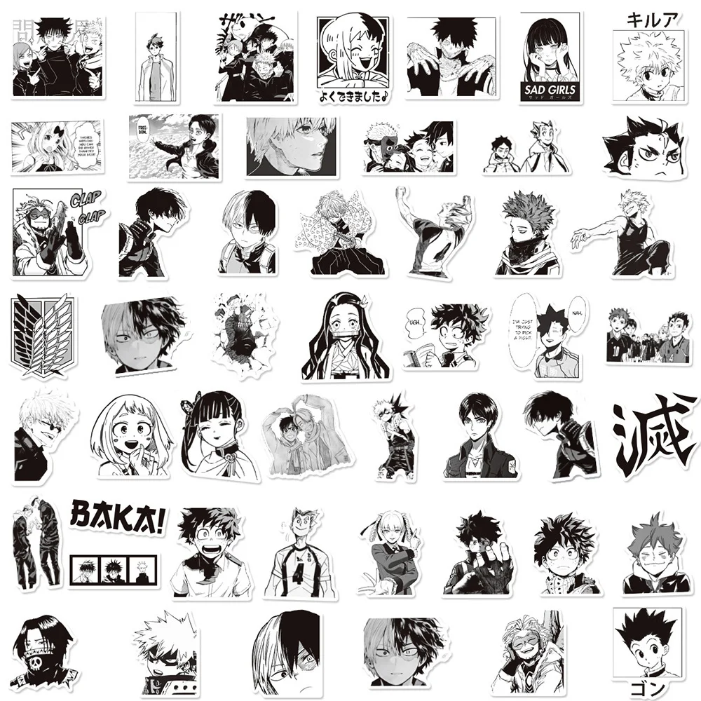 10/30/50/100pcs Preto Branco Mix Anime Adesivos My Hero Academy Haikyuu!! Decalques de desenhos animados brinquedo diy laptop bagagem bicicleta adesivo legal
