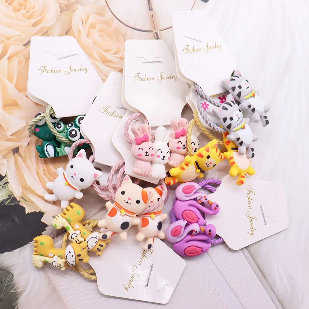 2Pcs New Girls Cute Cartoon Animals Cat Small Scrunchie Rabbit Rubber Bands Ponytail Holder Headband Fashion Hair Accessories