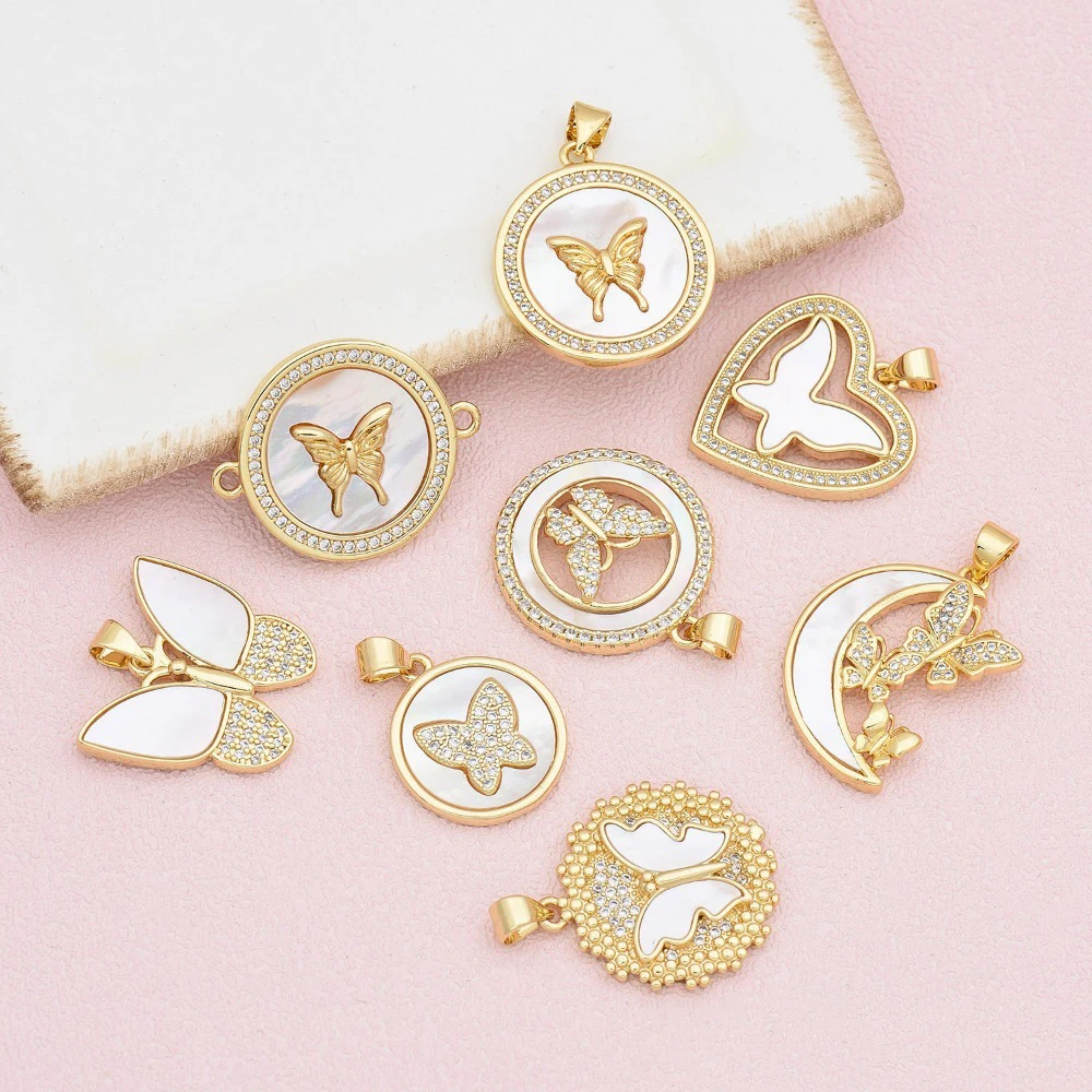 2 Pcs Shell Pendant DIY Jewelry Accessories Necklace Earring Making Copper Inlay Zircon Round Heart Moon Butterfly Hollow Parts