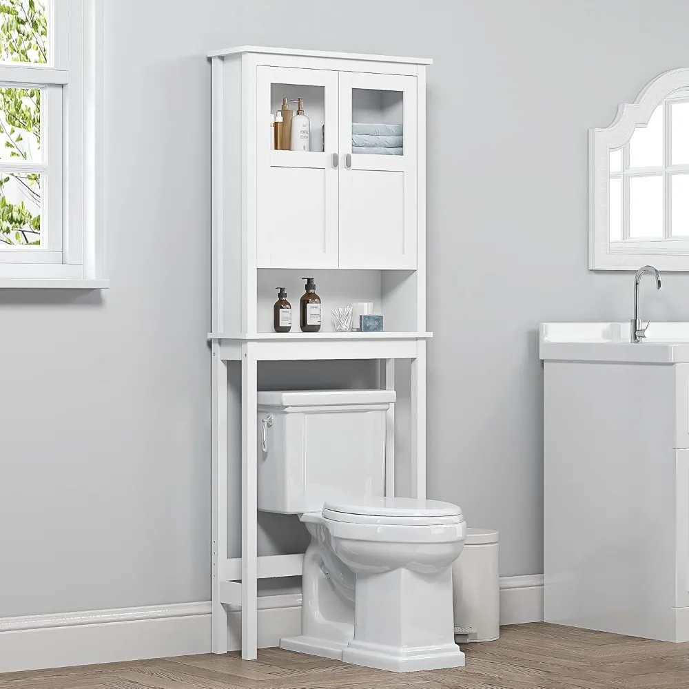 Bathroom Cabinet Over Toilet, Bathroom Storage Cabinet with Glass Doors and Adjustable Shelves, Over The Toilet Storage Cabinet