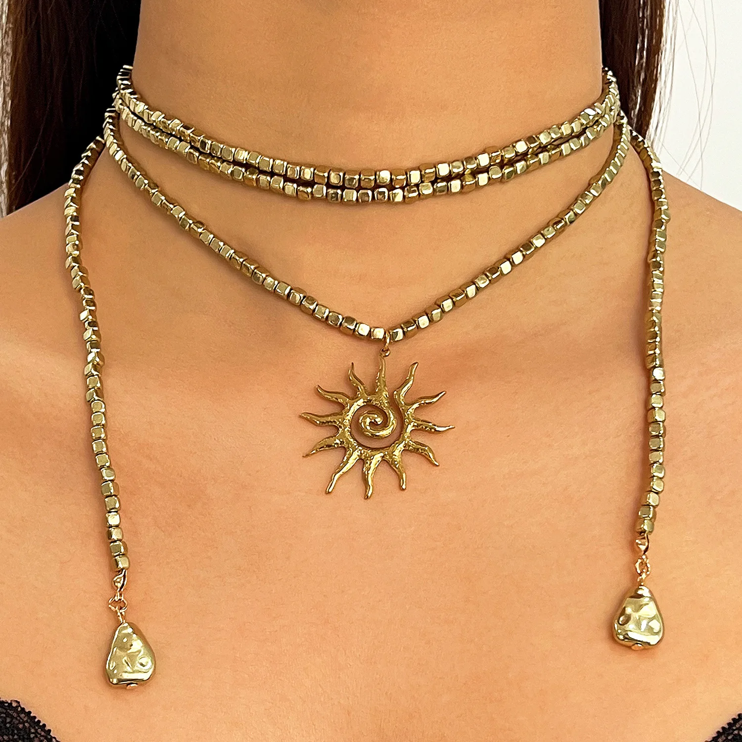 Bohemian Sunflower Long Chain Necklace for Women Stainless Steel Charm CCB Chain Y2K Chain Summer Beach Jewelry Accessories Gift