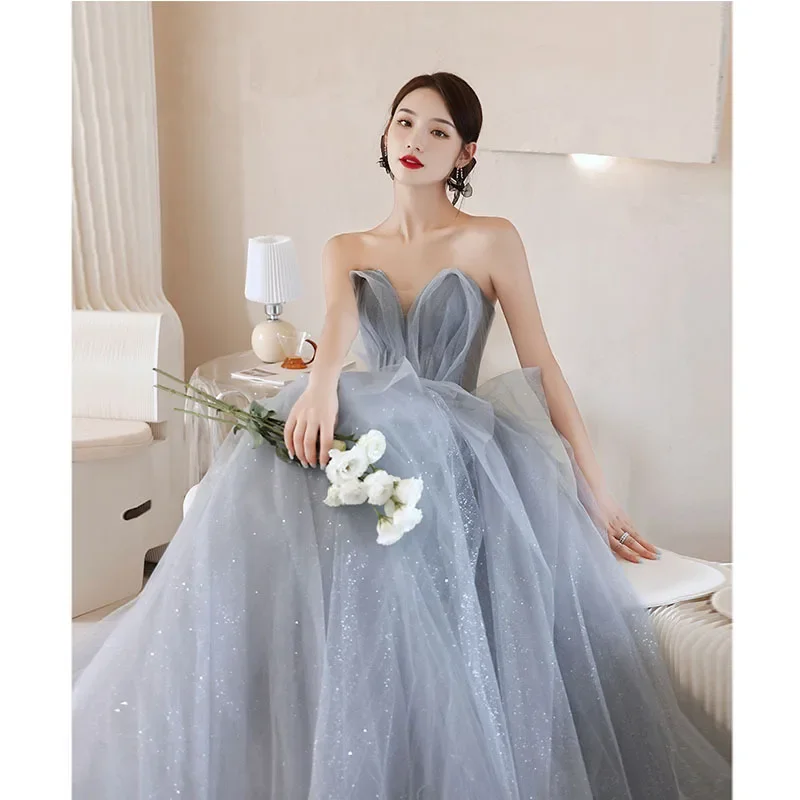 Customized Strapless Mesh Tiered Design Fairy Wedding Party Dress Slim Waist Slash Collar Back Lace Up Prom Robe 2024 Summer Eve