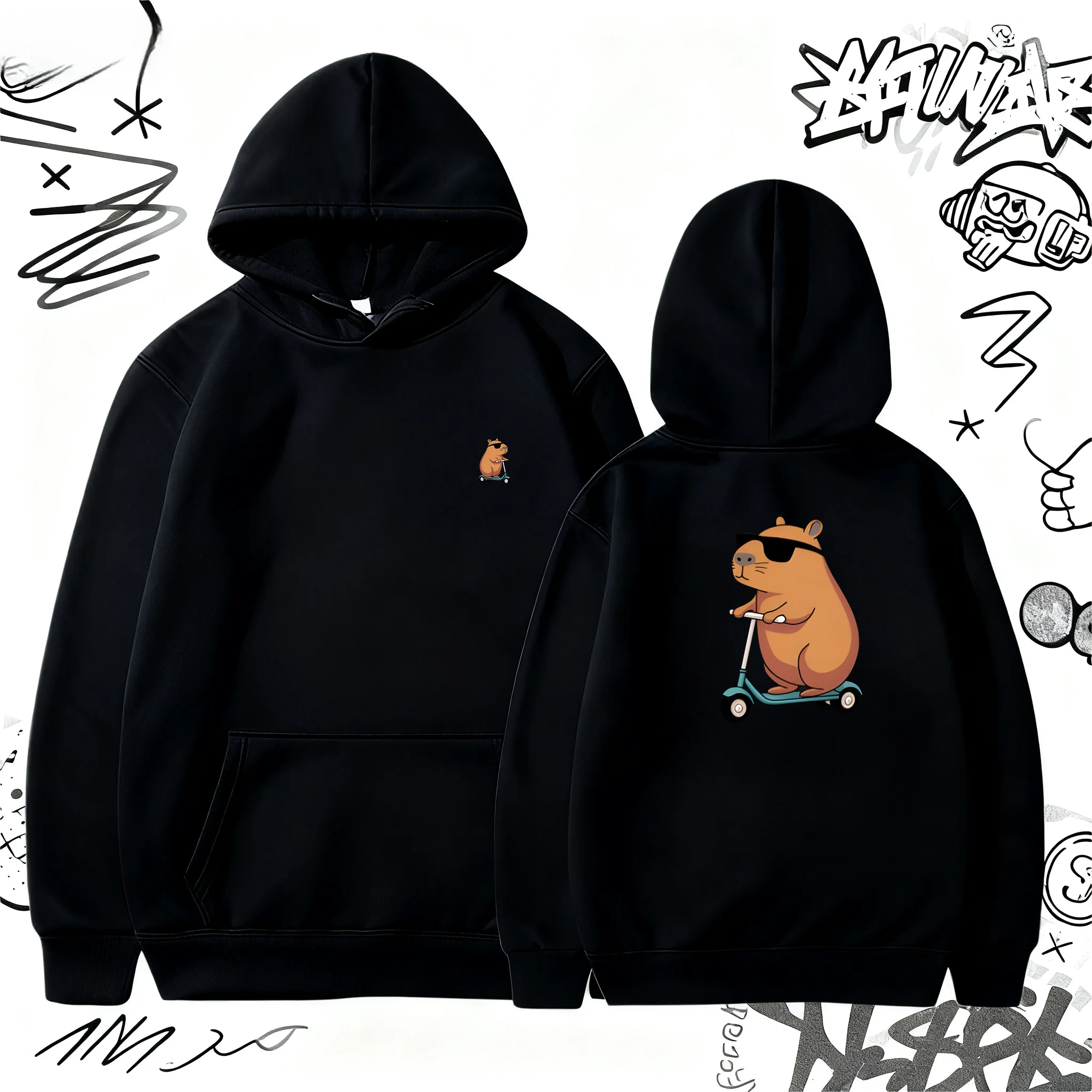 2026 New Capybara print Mens Hoodie Loose Casual Clothing Fashion Long Sleeve Hooded Pullover Personality Streetwear Sweatshirts