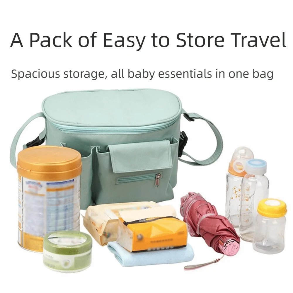 حقيبة عربة أطفال ذات سعة كبيرة بجيوب متعددة من قماش أكسفورد حقيبة معلقة لعربة الأطفال مع سحاب كرتوني