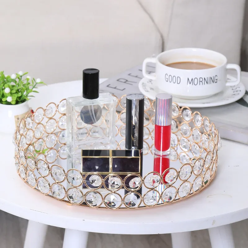 Crystal Decoratiive Mirror Tray Round Plate Luxury Serving Tray Table Metal Makeup Storage Dishes Wedding Trinket Decoration