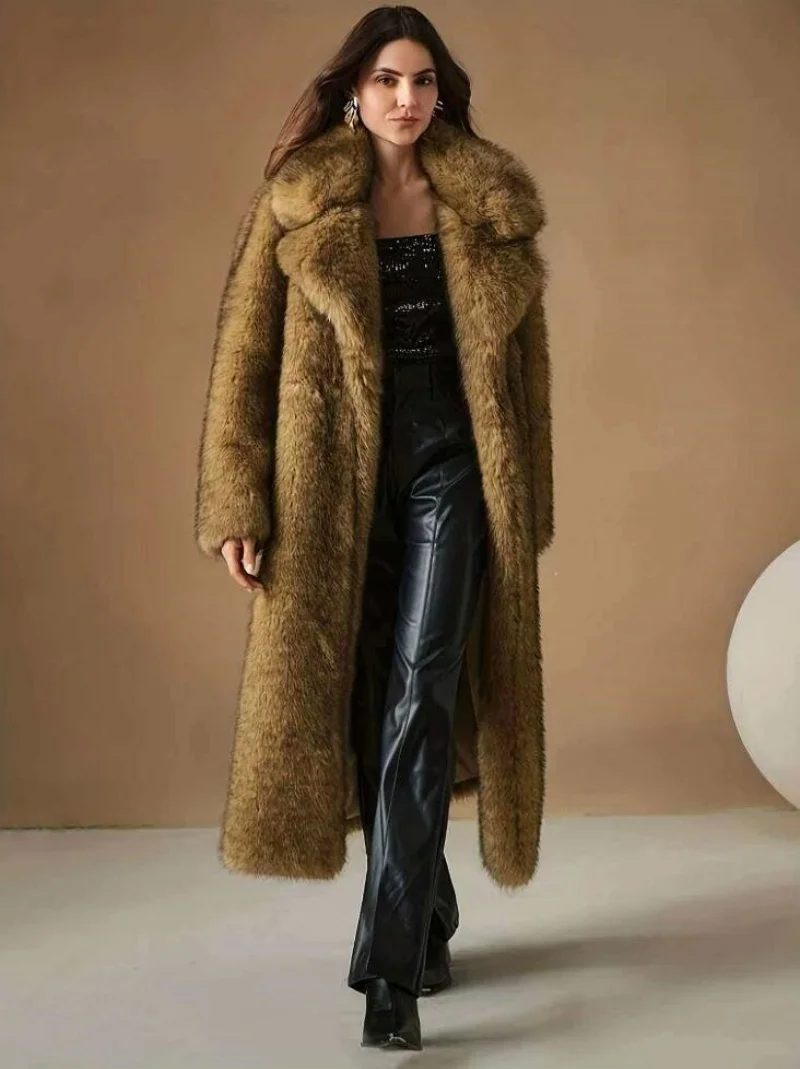 Fur Coat Jackets Spot Printed Faux fox fur Outwear Fur Trench Women Long Sleeve Casual Imitation Winter Keep Warm Long Coats