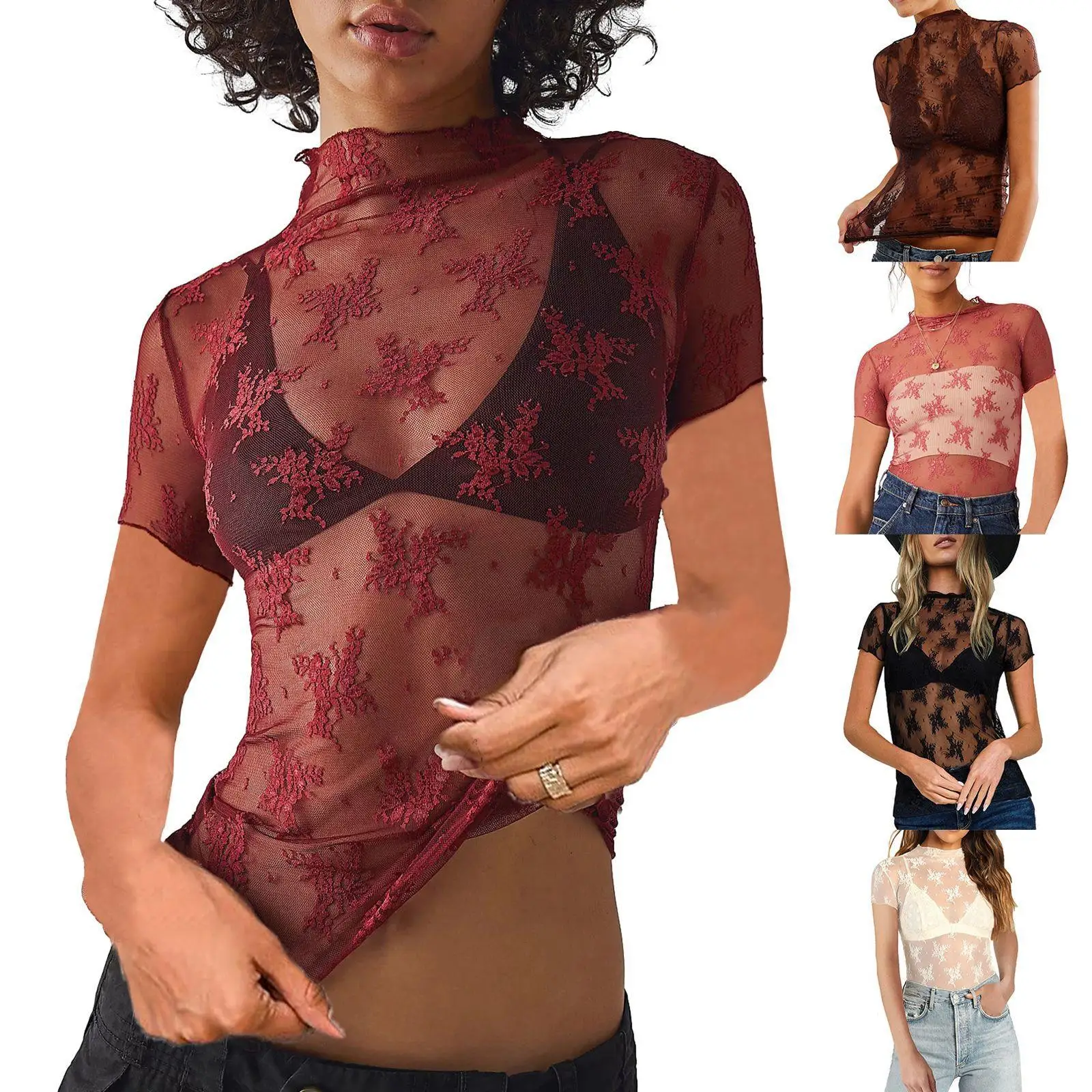 

Women's Lace Me Base irt ort Sve Lace Top Ele Fene Sle for Casual Or Formal Ocns