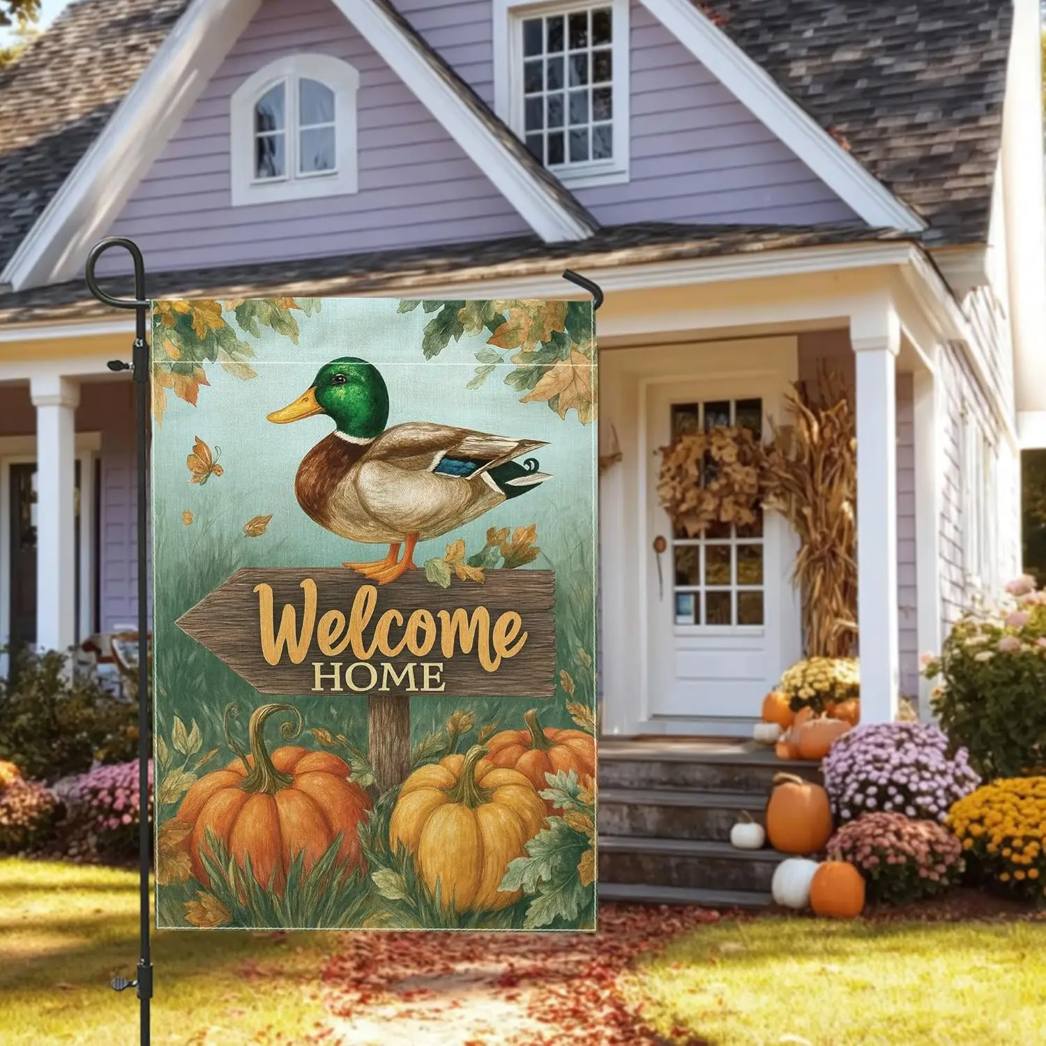 Autumn Duck Garden Flag, Green Mallard Welcome Home Outdoor Decor, Double Sided Burlap Yard Banner for Fall Lawn Decoration  PPM