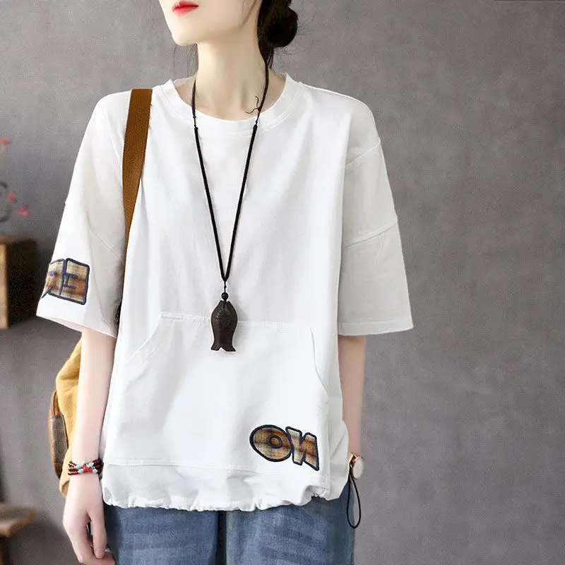 100% Cotton Mid-sleeve T-shirt Women Summer Casual Loose T Shirt Patch Embroidery Hem Elastic Drawstring Five-point Sleeve Tops