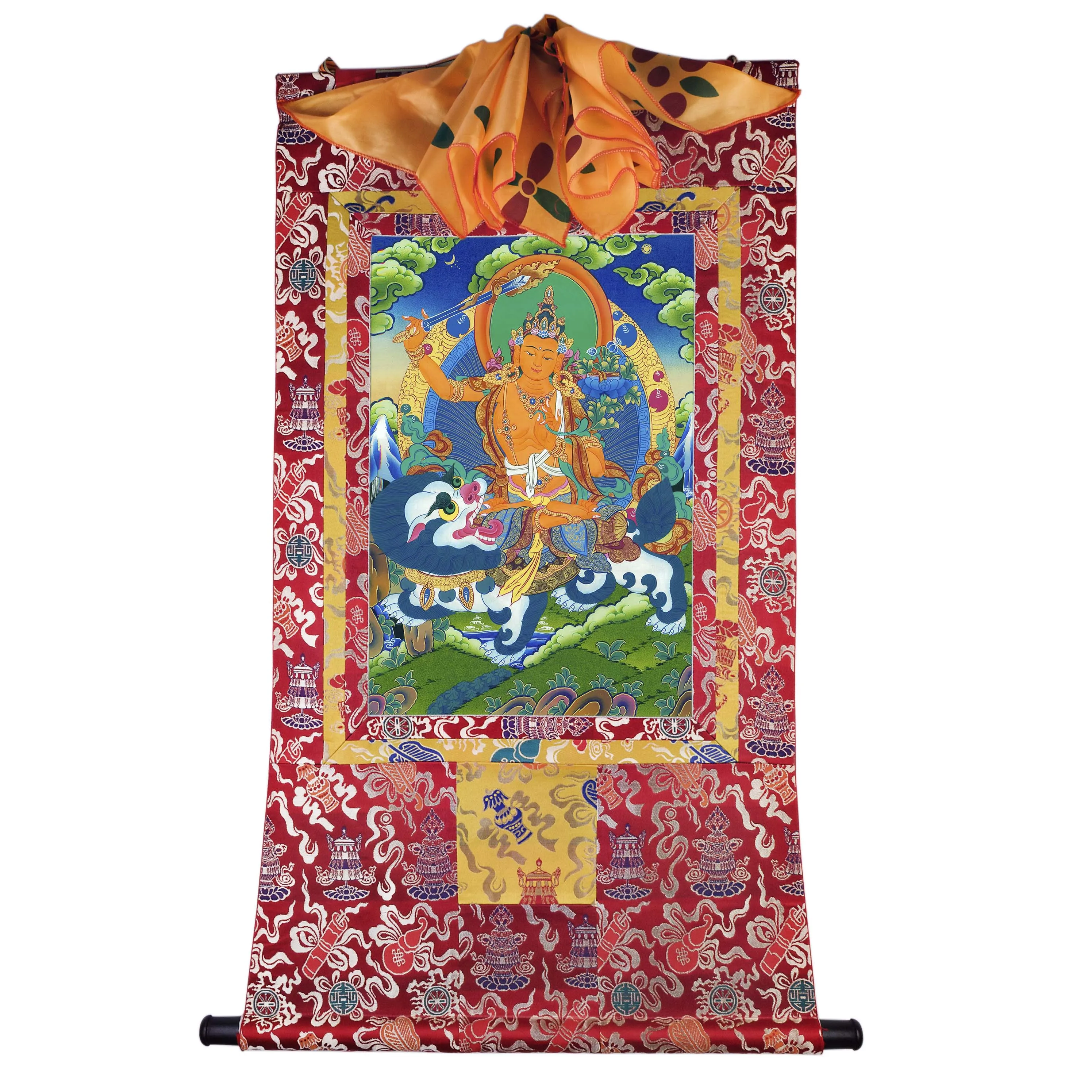 Manjushri on a Lion Thangka,Gandhanra Tibetan Buddhist Thangka Art,Giclee Printed and Hand Framed,47