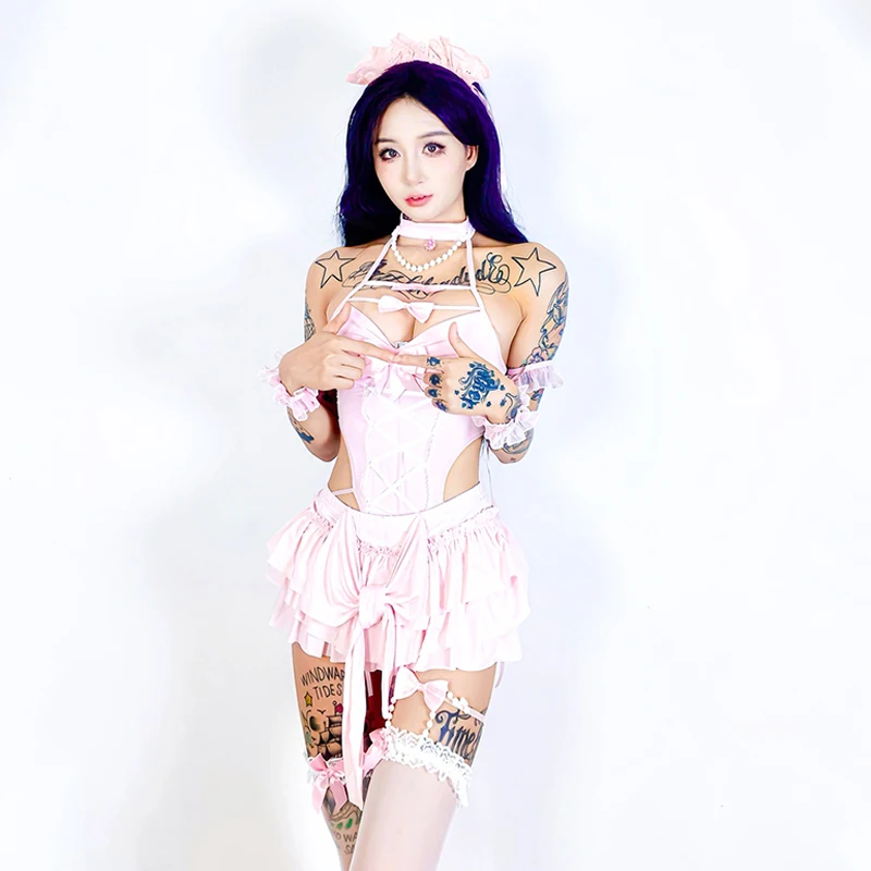 

Танцевальные костюмы Gogo, ночной клуб, бар, Ds, танцевальный наряд, сексуальный розовый костюм для выступлений, летние топы с лямкой на шее, юбка-тортик, женская одежда на шесте 2399