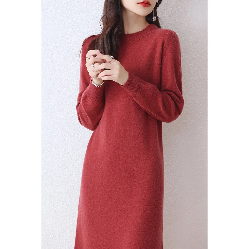 Hot Sale 100% Pure Wool Longer Dresses For Women 2023 Fashion Cashmere Sweaters Hot Sale Long Style Pullovers 6Colors Jumpers DR