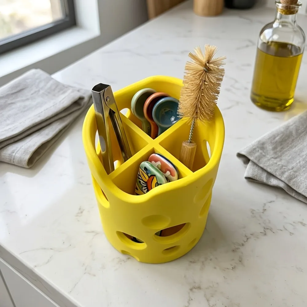 Creative Cheese Desk Storage Design Pen Holder Porous Storage Rack Bright Yellow Desktop Decoration Stress Relief Art Ornament