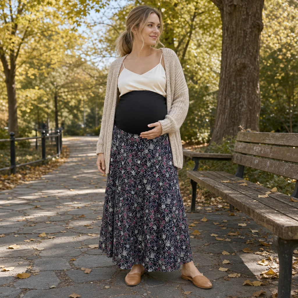 Maternity Maxi Skirt Over Belly Support Waistband Chiffon Floral Print A Line Long Maternity Skirt for Pregnant Women