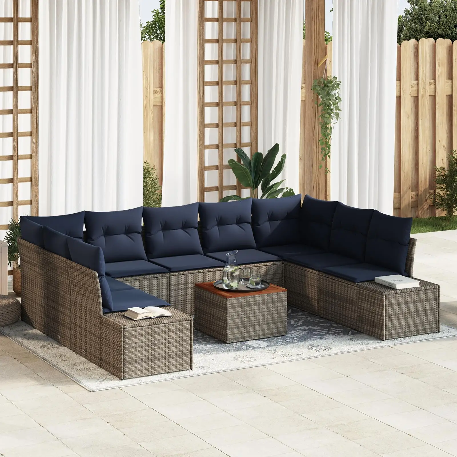 

10 Piece Grey Poly Rattan Garden Sofa Set with Cushions Acacia Wood Outdoor Furniture