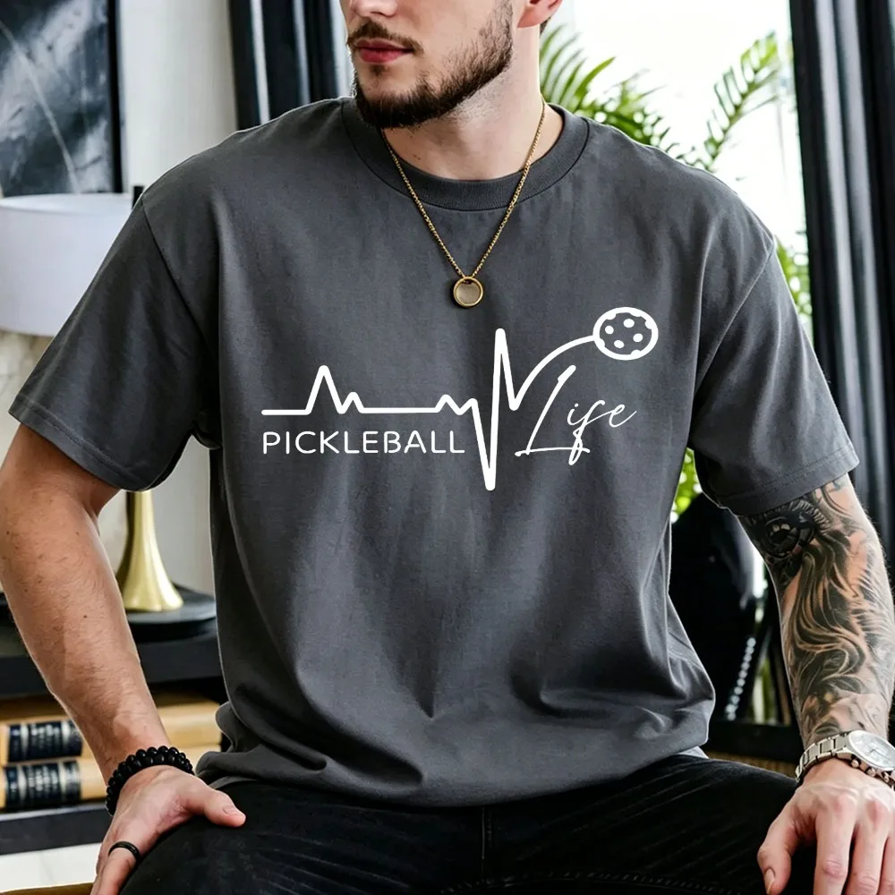 Pickleball Life Heartbeat ECG Graphic T Shirt Minimal Pulse Line with Ball Print Cotton Tee for Men Women Pickleball Player Tops