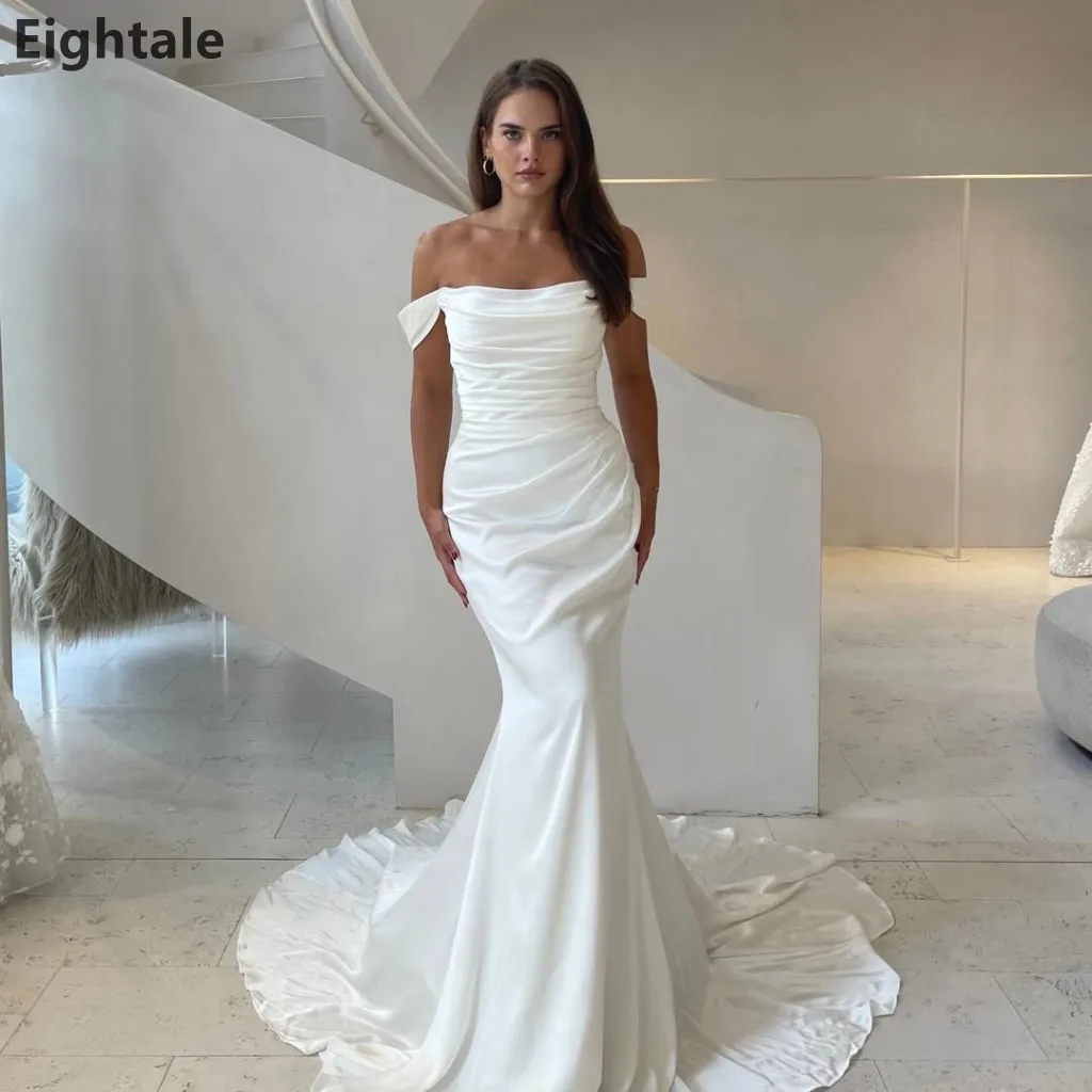 

Eightale 2026 Luxury Mermaid Wedding Dress Ivory Off-the-Shoulder Ruched Satin Bridal Gown with Court Train Customized