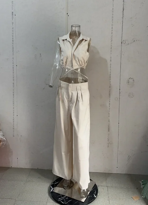 Casual 2ps Spring Summer Women Pants Set Solid Turn Down Collar Sexy Sleeveless Top and Wide Leg Pants Suit with Vest Long Pants