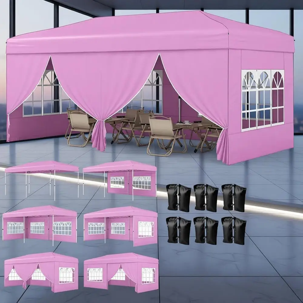 

Портативный розовый уличный шатер для вечеринок с центральным замком, 6 боковыми стенками, сумкой на колесах, мешками с песком, колышками и веревками