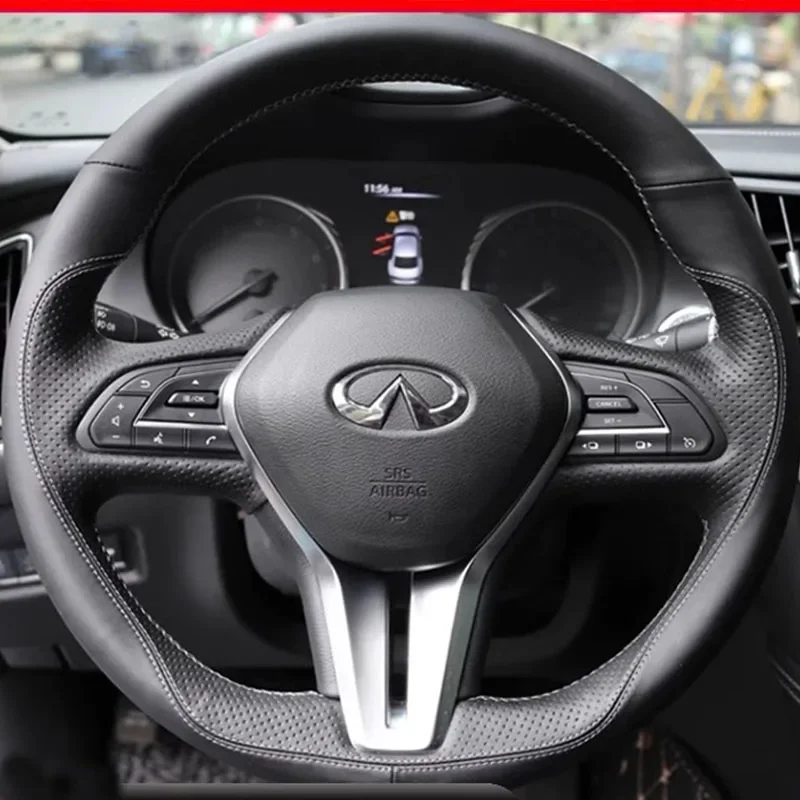 For Infiniti Q50 2018-2020 Q60 2016-2020 QX50 2018-2020 Hand-Stitched Non-Slip black Genuine Leather Car Steering Wheel Cover