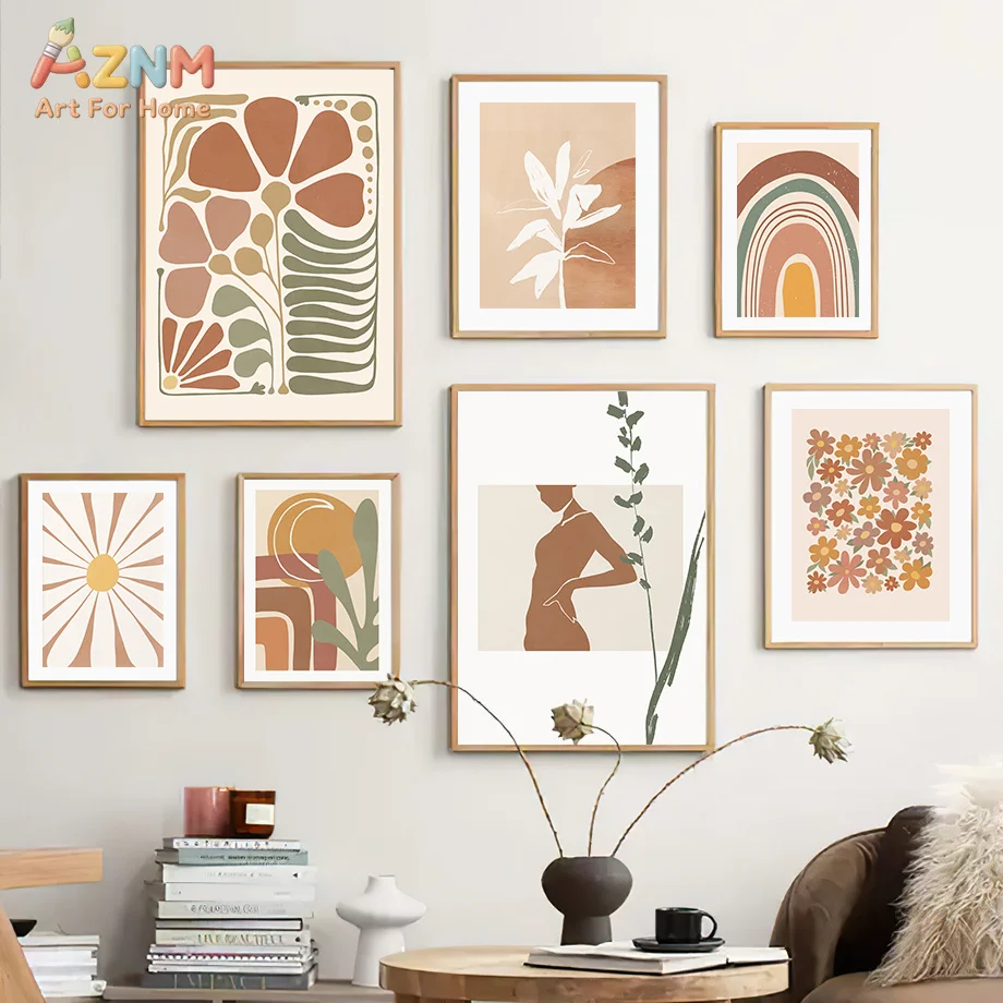AZNM Neutral Boho Abstract Canvas Wall Art Floral Line Woman Silhouette Rainbow Sun Mid Century Modern Minimalist Print Living R