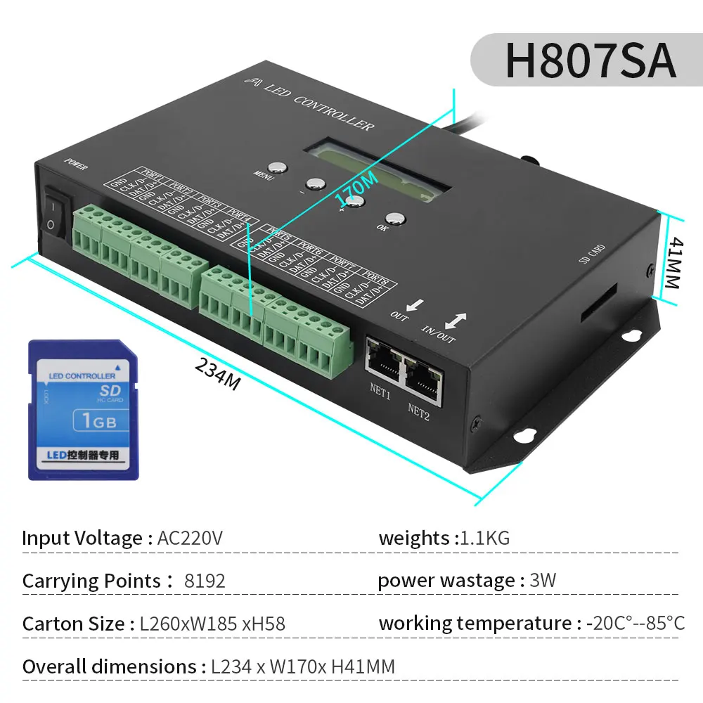 H807SA H807SB 8/4CH DMX/Artnet to SPI LED Pixel Controller With SD Card For WS2811 WS2812 WS2812B WS2815 Led Strip Light 5-24V