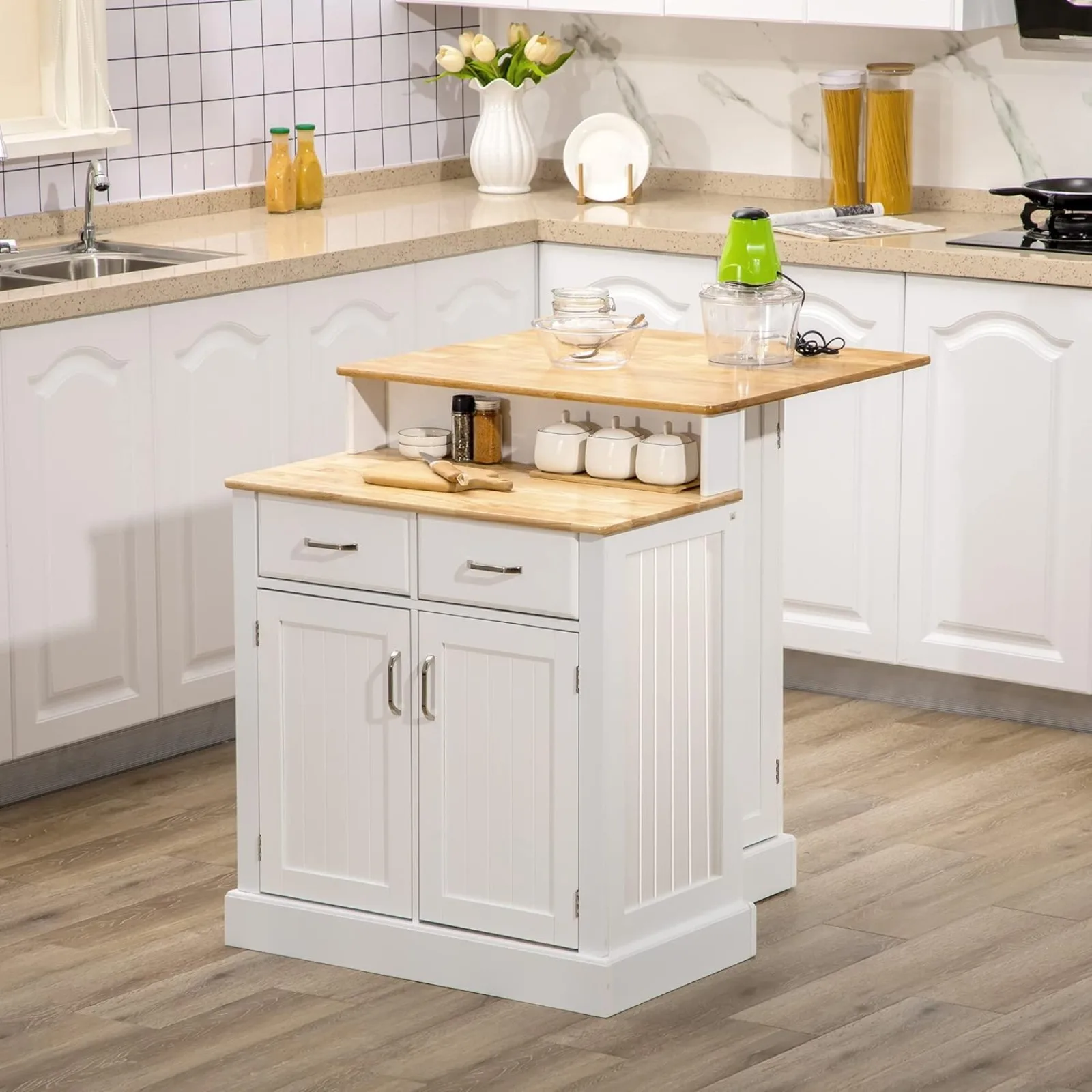 US Kitchen Island with Storage Cabinet and 2-Level Rubber Wood Tabletop, Island Table with Adjustable Shelves and