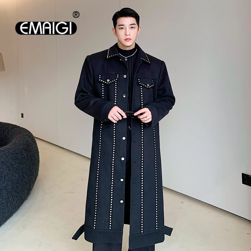 

Trenchcoat Men Rivet Woolen Single-breasted Long Trench Coat Man Streetwear Vintage Punk Gothic Motorcycle Jacket Outerwear