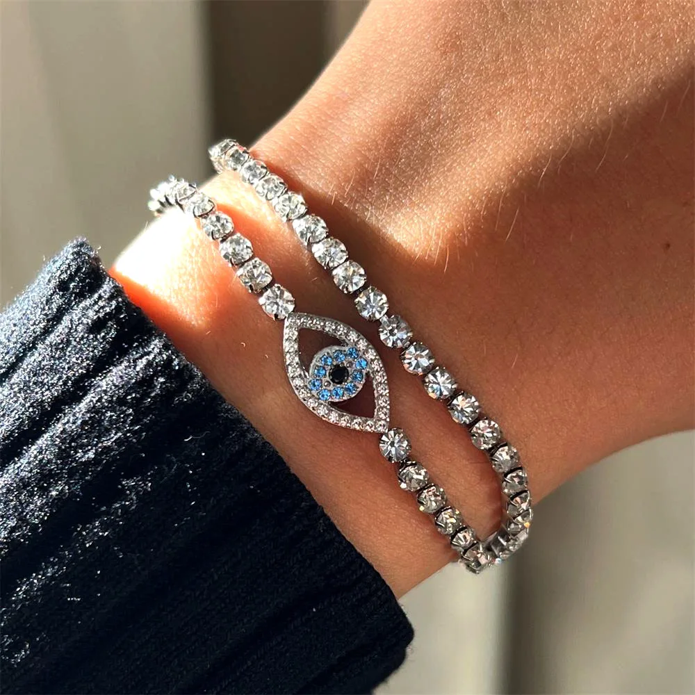 Stonefans Fashion Tennis Chain Evil Eye Bracelet Jewelry for Women Shiny Blue Rhinestone Bracelet Hand Jewelry Accessories