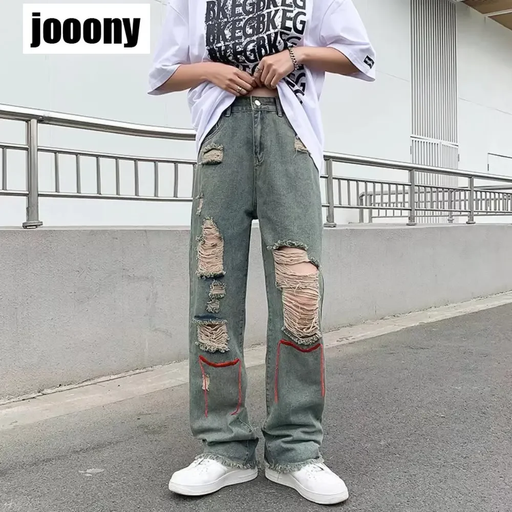 

Весна-Осень 2022, новая мода High Street в стиле хип-хоп, прямые брюки для отдыха с рваными дырками, трендовые потертые широкие джинсы, мешковатые брюки