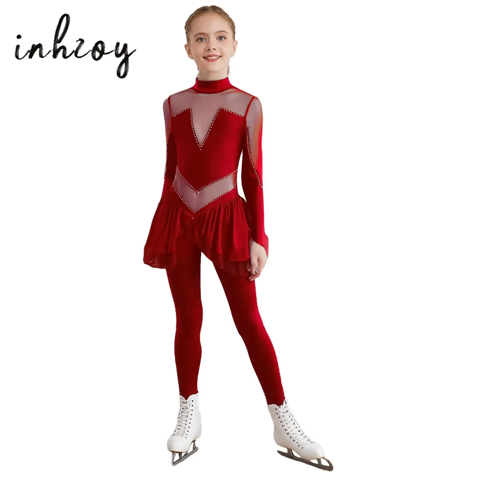 

Kids Girls Figure Skating Performance Jumpsuit Long Sleeve Sheer Mesh Patchwork Shiny Rhinestones Rompers Acrobatic Gymnastics