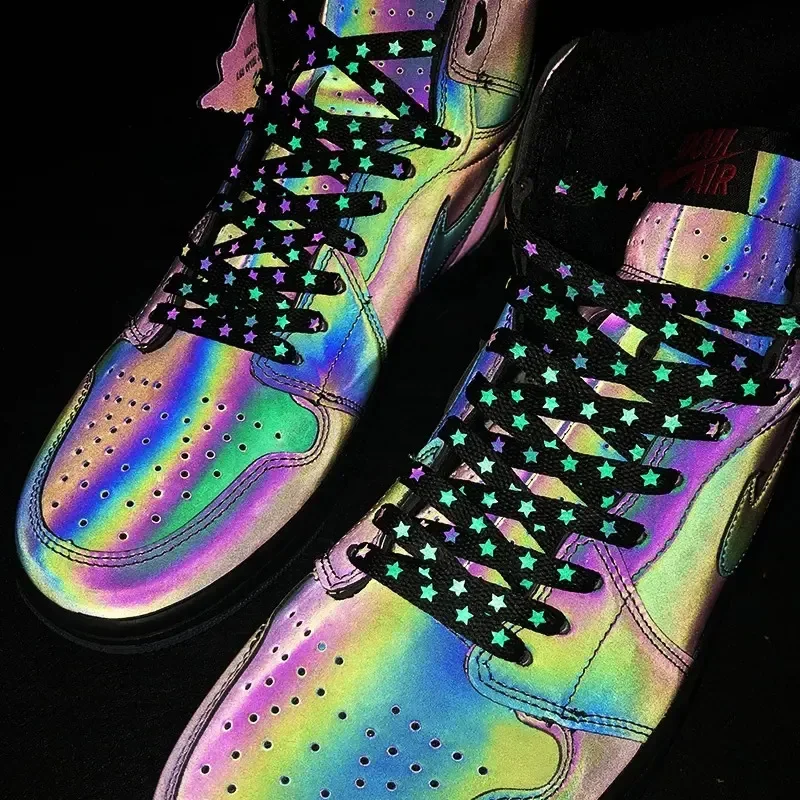 1Pair Reflective Luminous Shoe Laces Five Star Holographic Shoelaces for Sneakers Double-sided High-bright Luminous Shoelace New