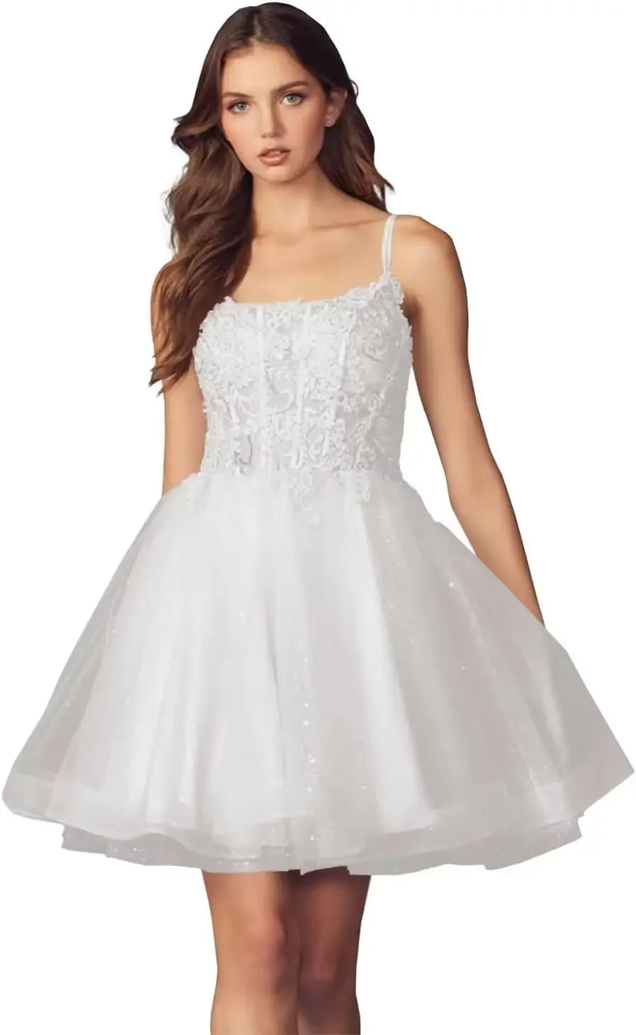 Custom Made Lace up Back Short Lace Appliqué Tulle Homecoming Dresses Teens Spaghetti Straps Cocktail Prom Party Gowns