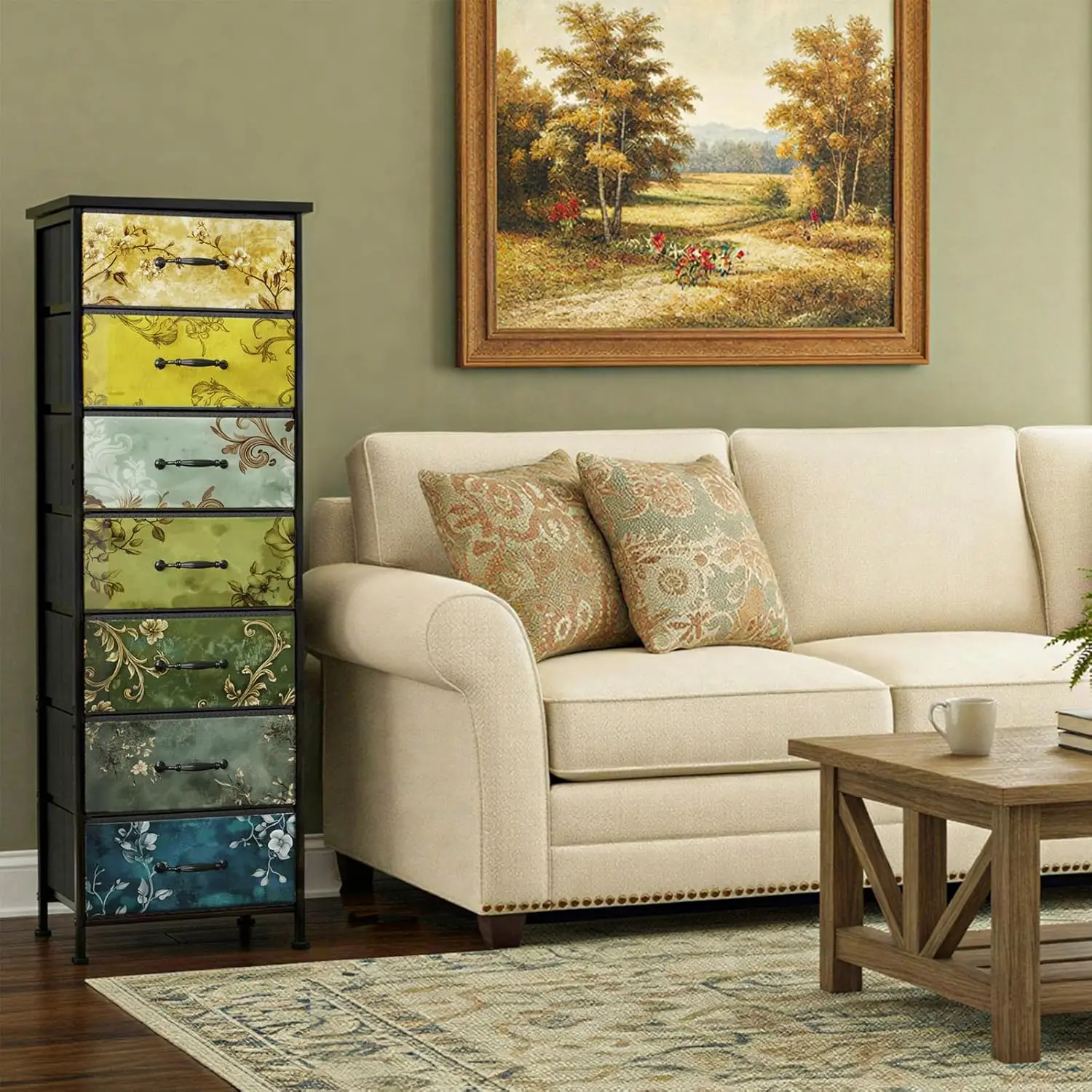 Vintage Flower Tall Dresser for Bedroom, Storage Dresser Organizer with 7 Fabric Drawers, Nightstand Furniture in Closet, Ent
