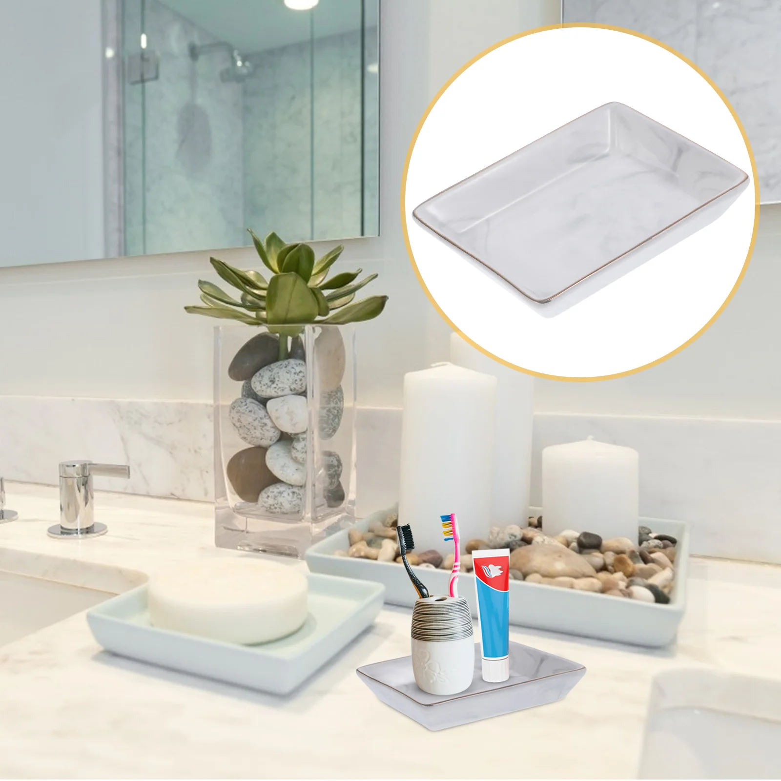 

Marble Pattern Ceramic Storage Tray Rectangular Jewelry Plate Elegant Vanity Organizer Soap Tray Eco Friendly