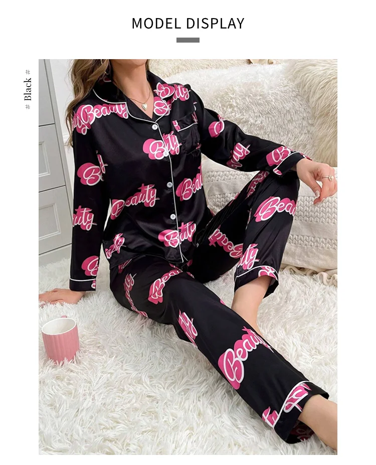 Niedlicher Pyjama mit Katzenmuster für Damen, Satin, langärmelig, Reverskragen, Oberteile und Hosen, Pyjama-Loungewear für Herbst, Damen-Nachtwäsche, Pyjama-Sets – Detail 5