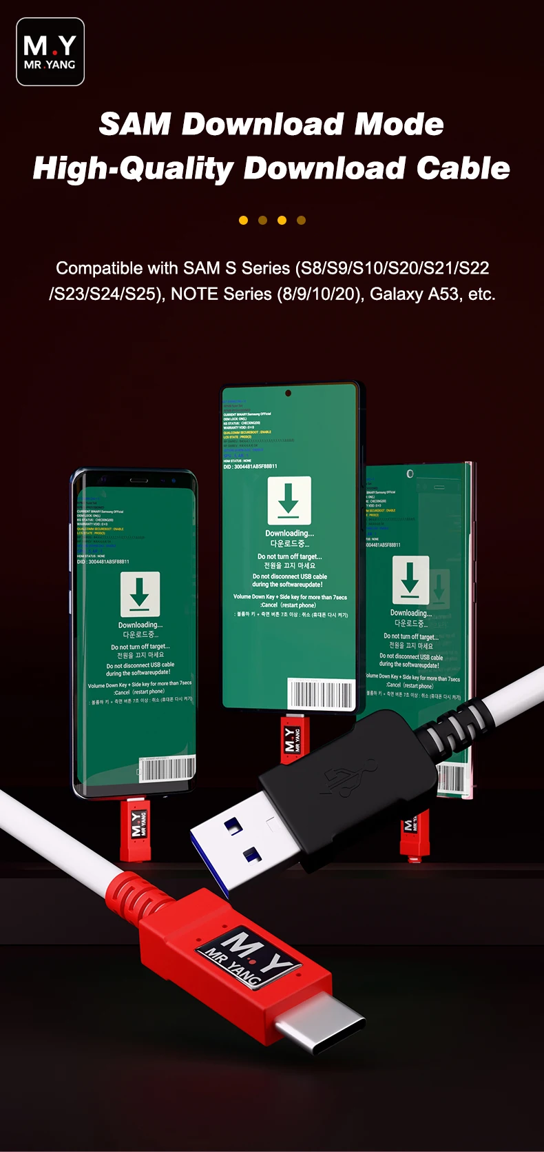 M.R SAM Download Mode Cable USB Type-C Odin Flash Repair Cable for S8-S25 Note 8/9/10/20 A53 Engineering Debugging Charging Cabl