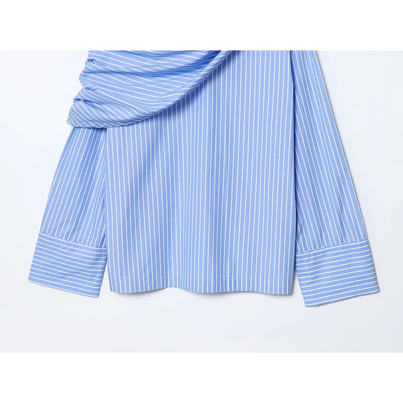 YENKYE 2025 moda mujer con bufanda camisa a rayas azules manga larga cuello redondo viaje versátil otoño blusa Tops